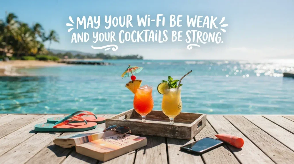 A fun poolside honeymoon graphic with tropical cocktails and a joke wish for weak Wi-Fi and strong drinks.