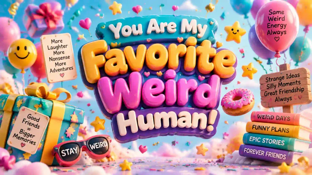 Funny weird birthday wishes concept with floating 3D text, playful gifts, balloons, and humorous friendship-inspired decorations.