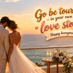 A newlywed couple embracing on an oceanfront balcony at golden hour, styled for a romantic honeymoon scene.