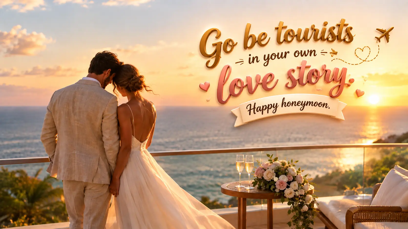 A newlywed couple embracing on an oceanfront balcony at golden hour, styled for a romantic honeymoon scene.