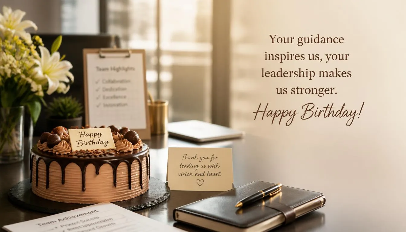Heartfelt birthday wishes for team leader with elegant office celebration setup and appreciation message.