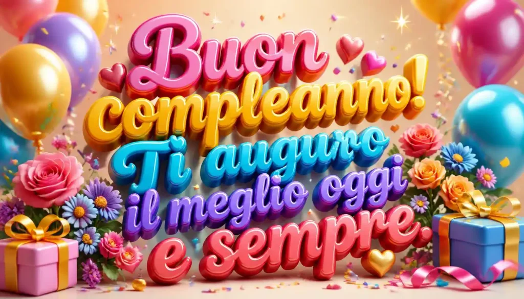 Short birthday wishes in Italian with colorful 3D greeting text.