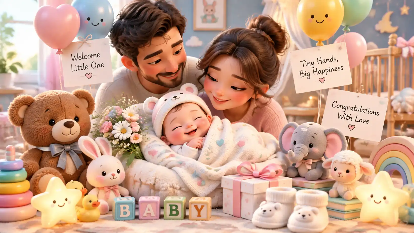 Cute newborn baby surrounded by joyful decorations and sweet wishes for baby congratulations messages