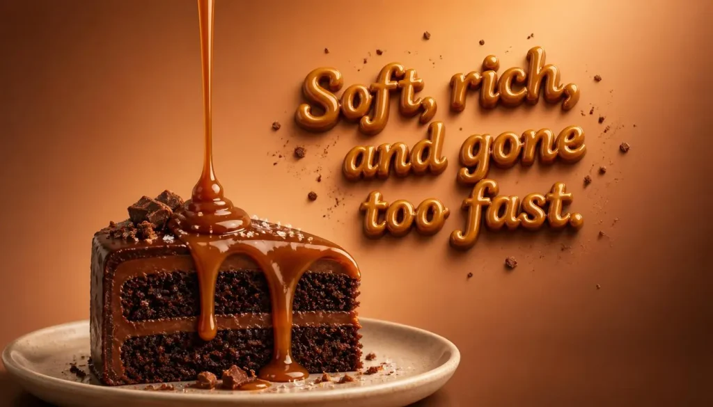 A glossy slice of caramel chocolate cake on a cream plate with the floating 3D text "Soft, rich, and gone too fast." above it.