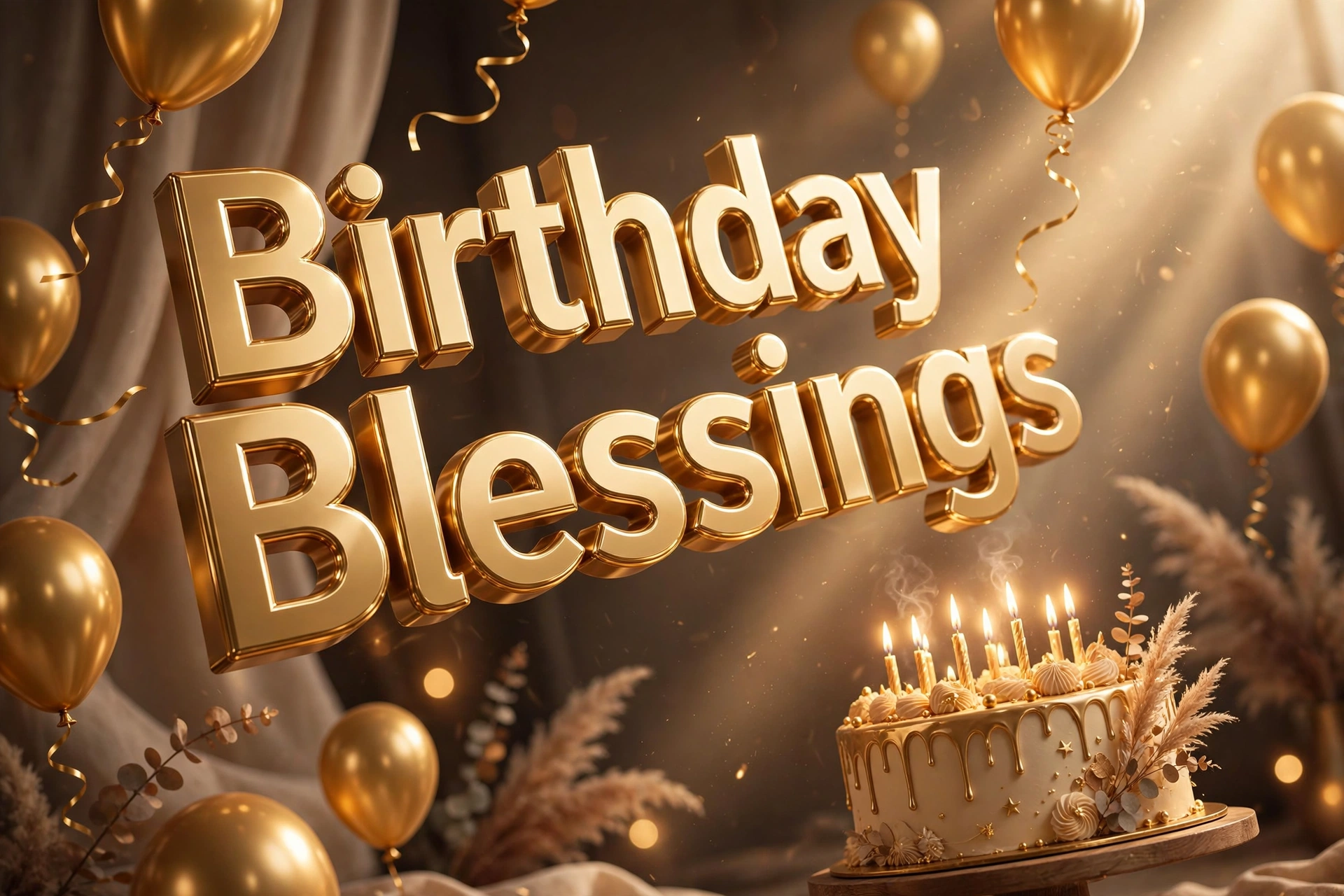 3D floating text Birthday Blessings with golden balloons and birthday cake