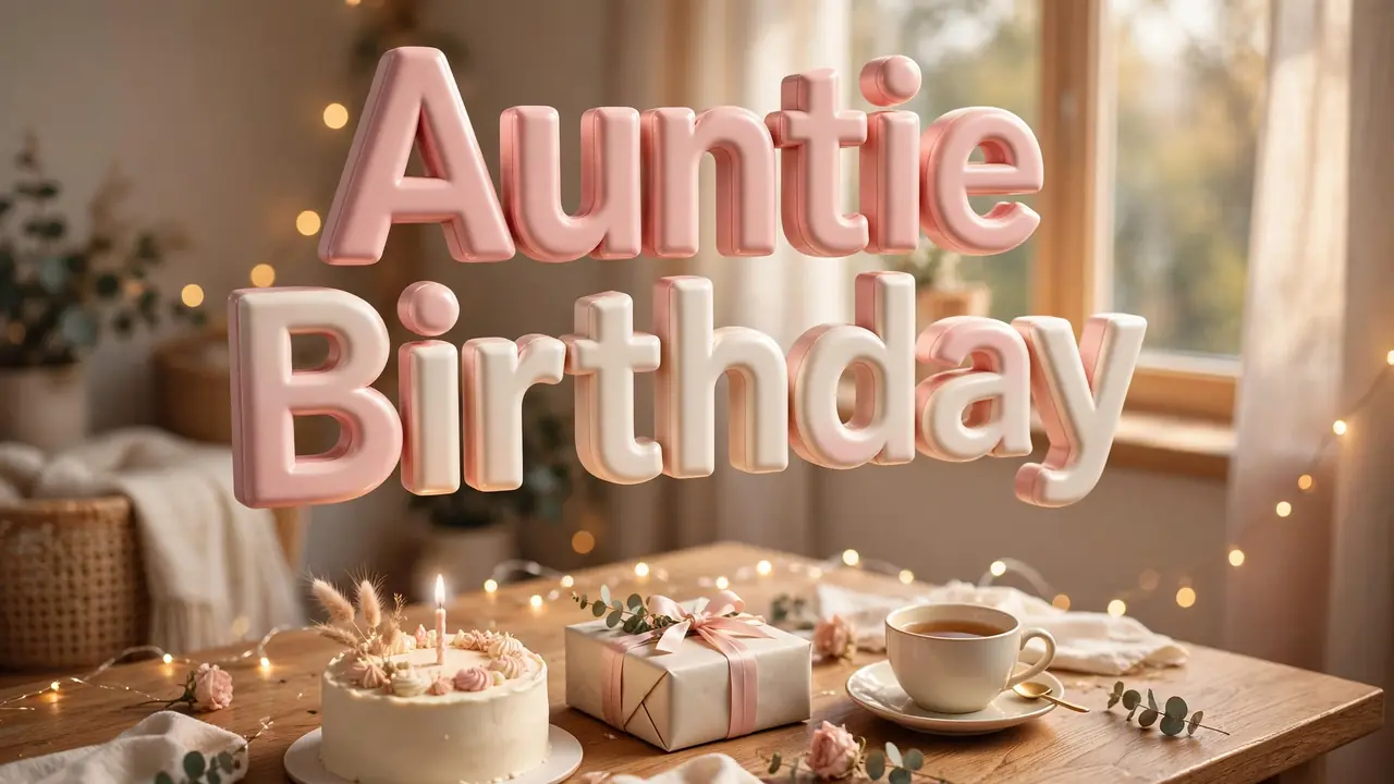 Auntie Birthday wishes image — touching birthday wishes for aunt from niece, warm cake and gift scene with fairy lights