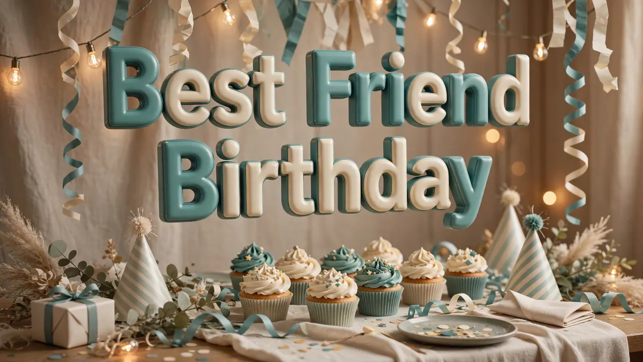 Best Friend Birthday wishes image — birthday wishes for best friend, cheerful party table with cupcakes and string lights
