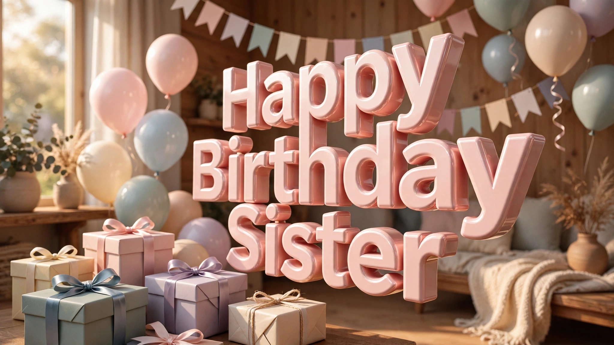 Happy Birthday Sister 3D floating text art with gift boxes, ribbons and balloons