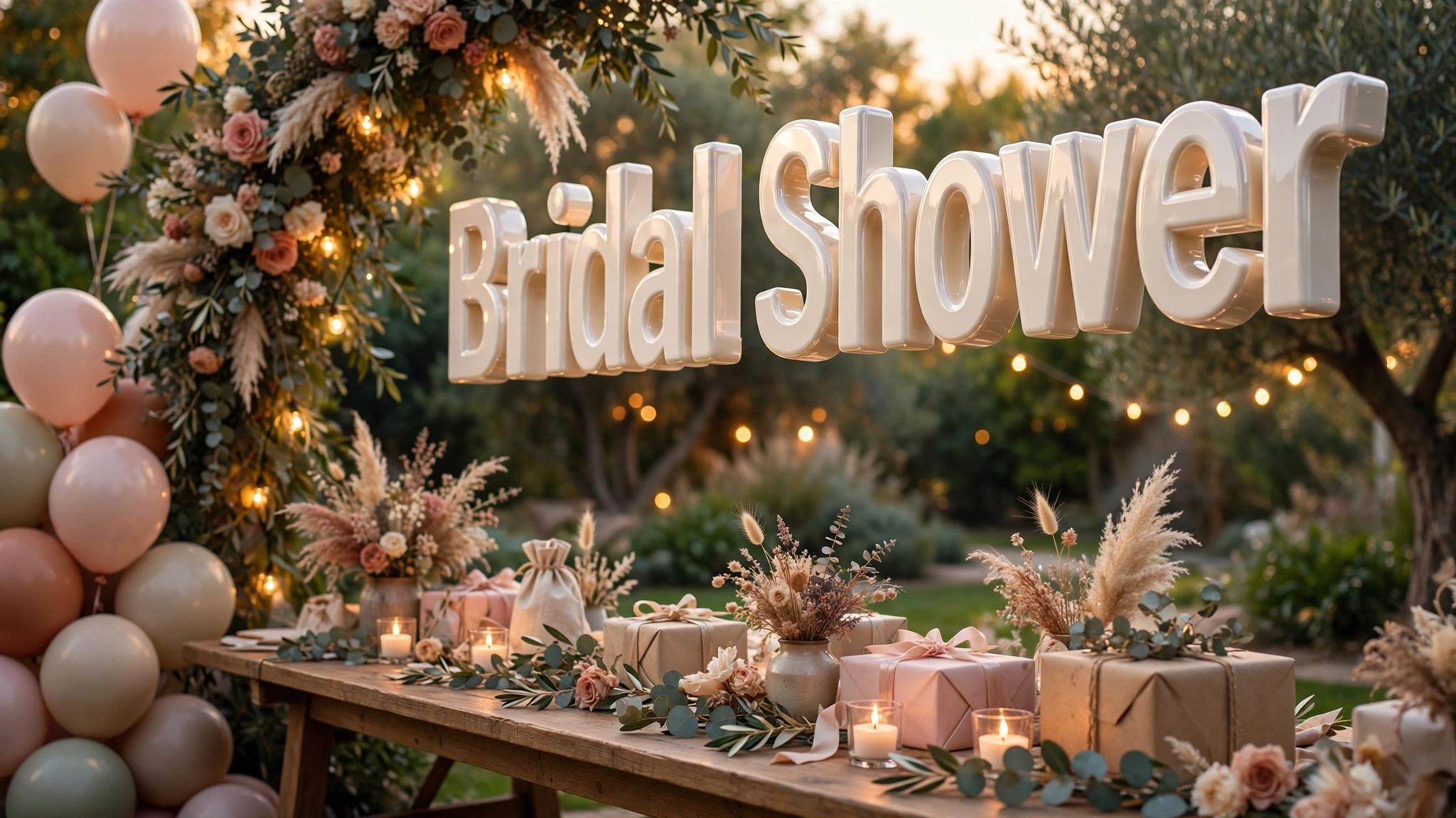 Bridal Shower 3D floating text art with decorated gift table, floral arch and fairy lights