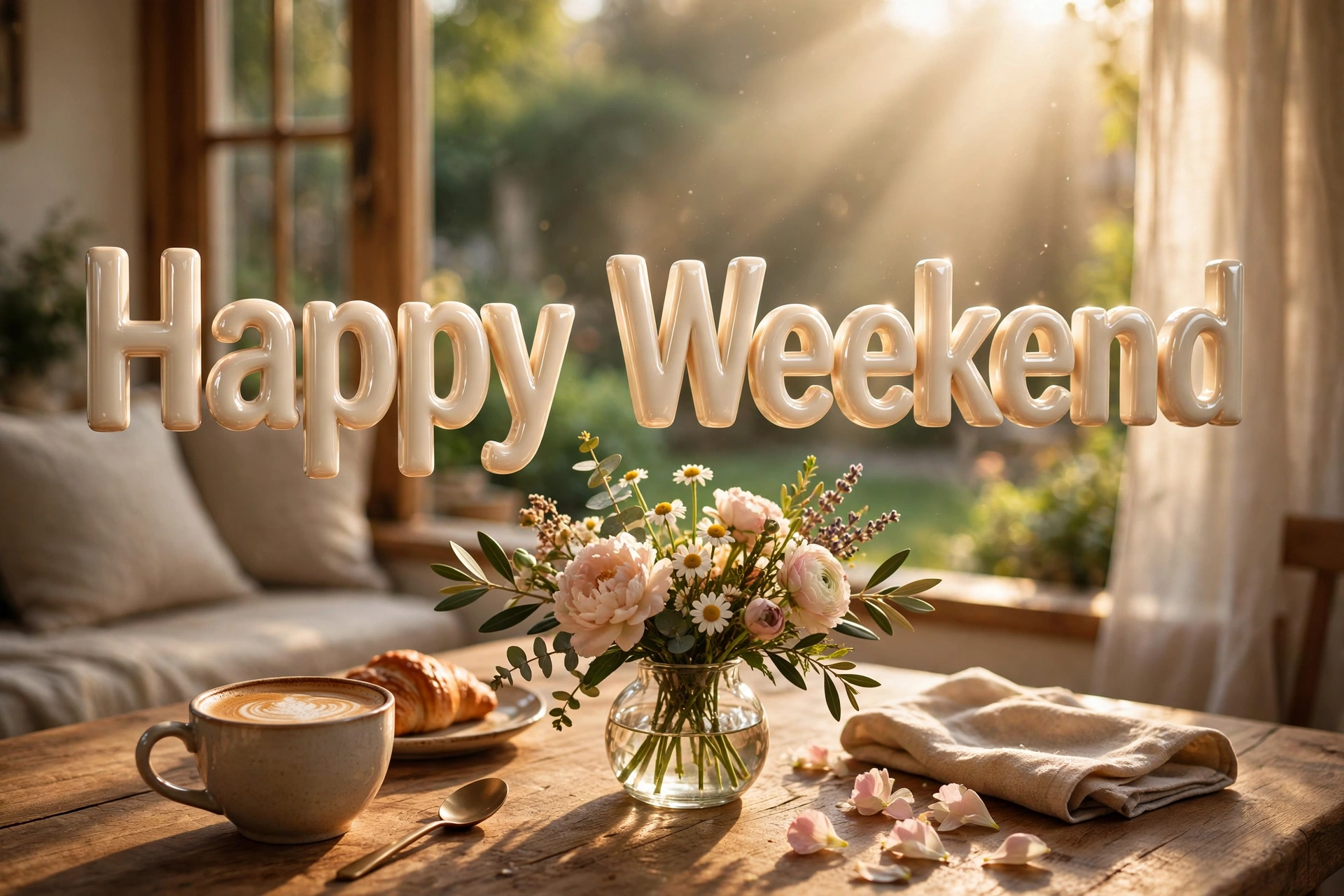 Happy weekend wishes — 3D 'Happy Weekend' floating text over a cozy morning coffee scene