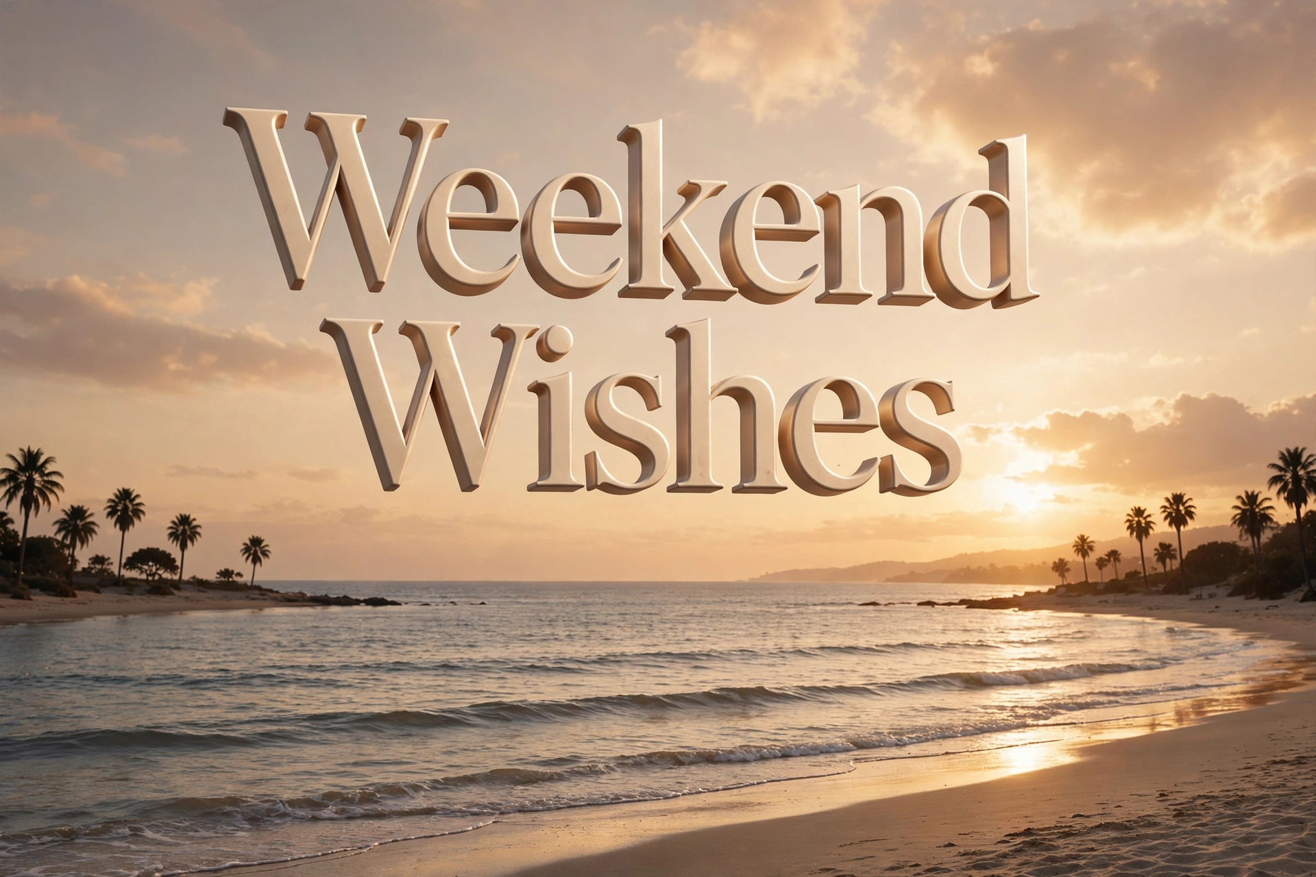 Weekend wishes — 3D 'Weekend Wishes' floating text over a sunset beach