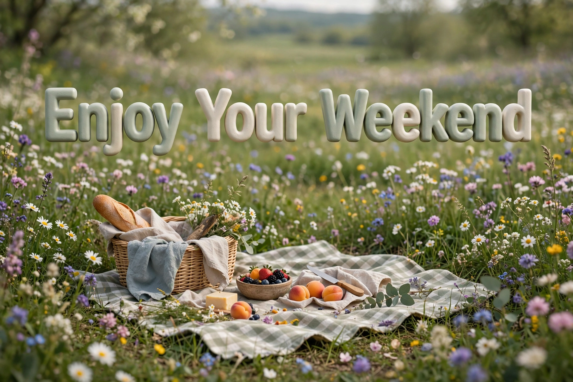Enjoy your weekend — 3D 'Enjoy Your Weekend' floating text over a spring picnic meadow