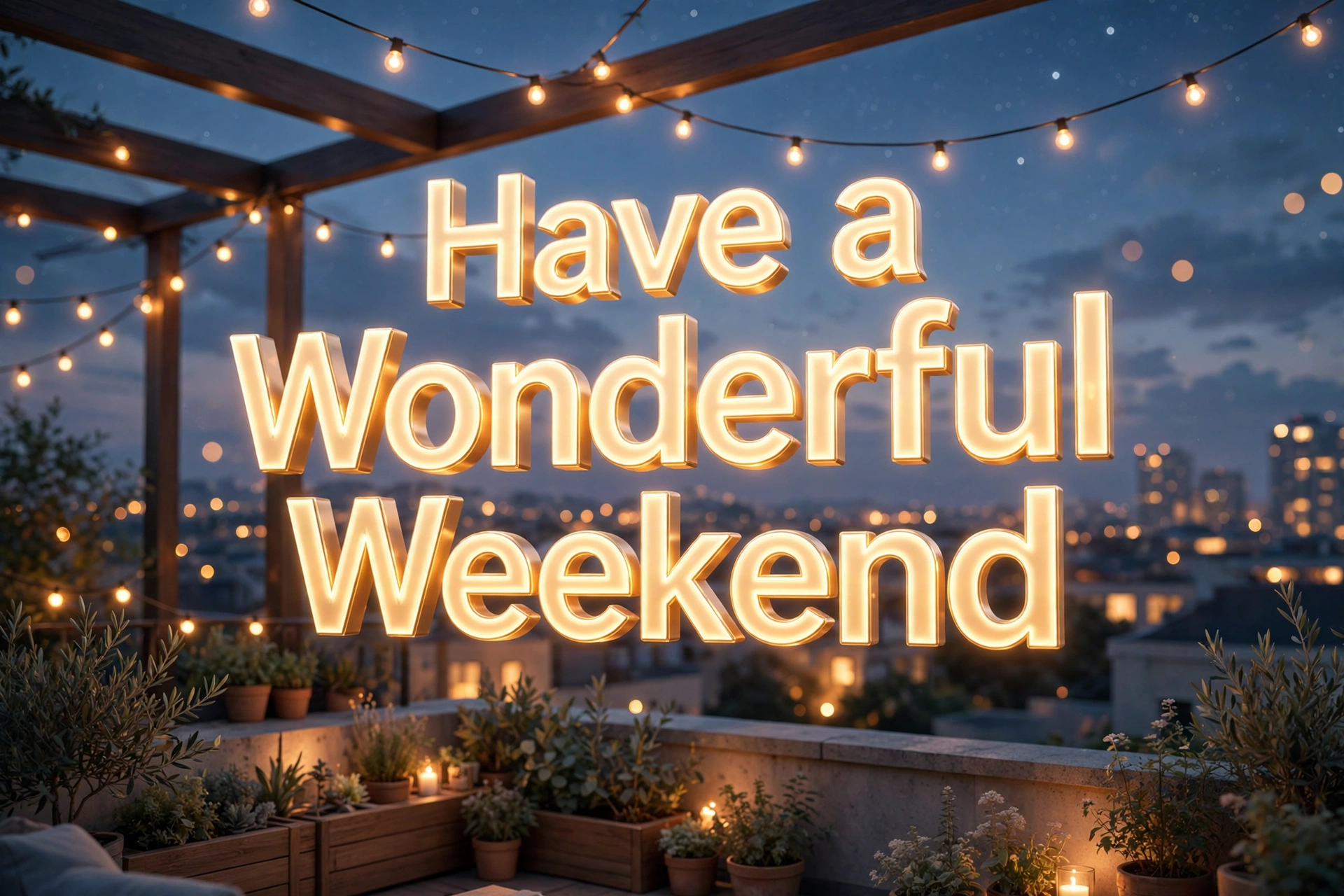 Have a wonderful weekend — 3D glowing 'Have a Wonderful Weekend' text over a rooftop evening